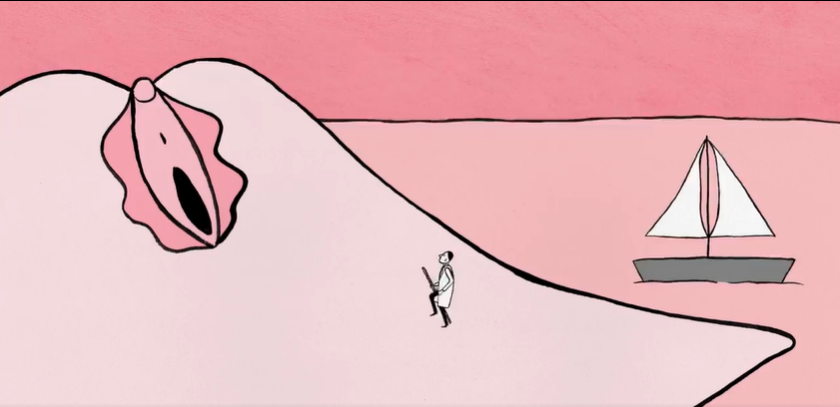a doctor hiking up a "mountain" which leads to a clitoris, labia, urethra, and vaginal opening - Illustration by Lori Malépart-Traversy